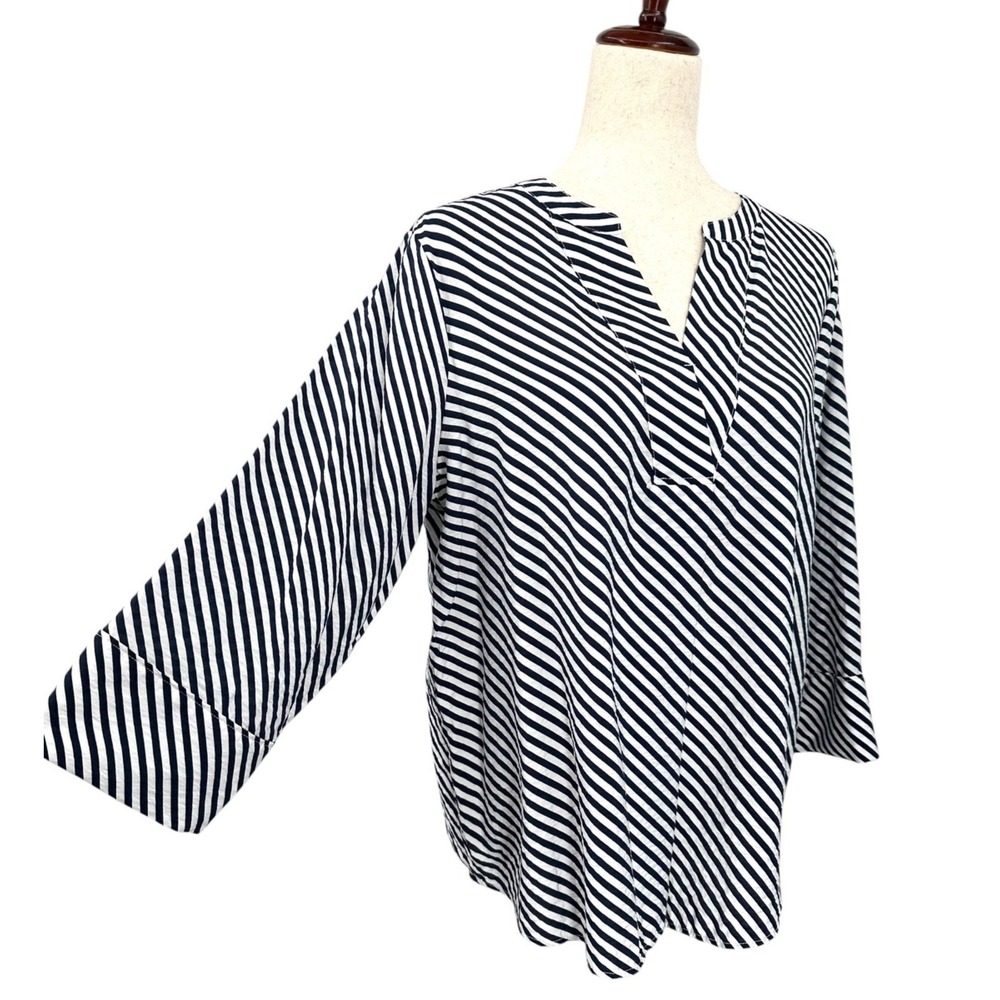 Liz Claiborne V-Neck Tunic Top Navy Blue & White Diagonal Stripe Women's Large